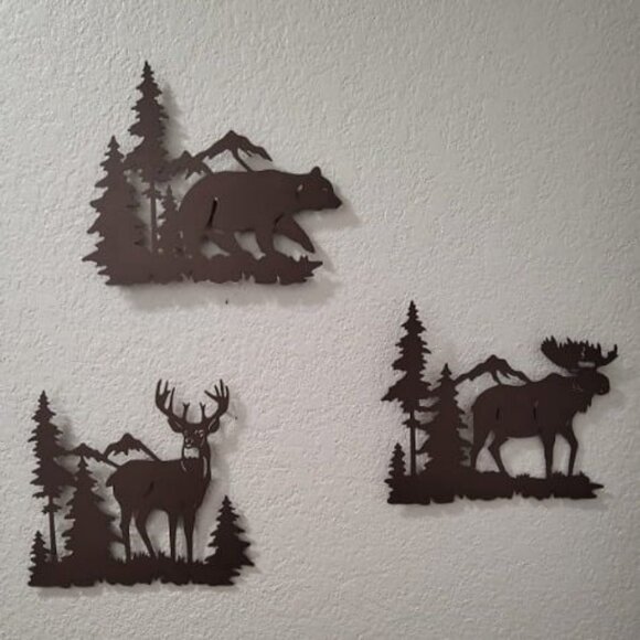 Metal wall art decor deer bear moose in the forest pine tree, 9.3inch set of 3 - Picture 1 of 1
